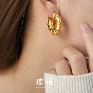 C-Shape Bamboo Segment Hoop Earrings Gold Steel Tone