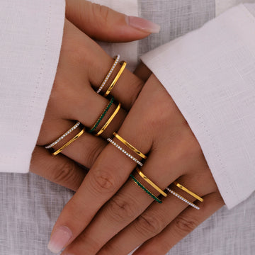 Gold Stainless Steel Open Square Double Band Zircon Shell Rings
