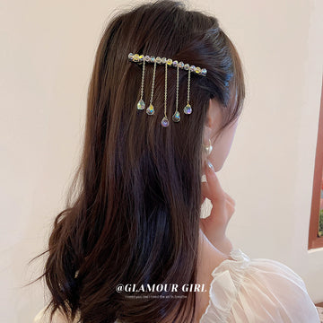 Iridescent Crystal Barrette With Five Bead And Chain Drops