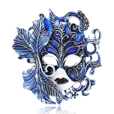 Front view of an ornate masquerade mask with enamel feathers and crystal trim