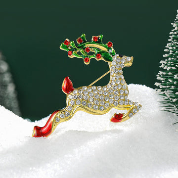 Gold Tone Running Reindeer Rhinestone Enamel Brooch