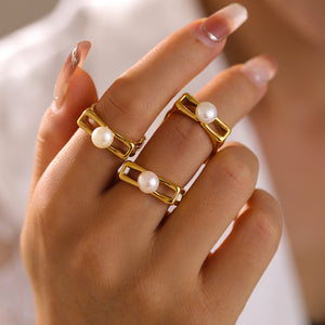 Open Square Frame Freshwater Pearl Rings Steel Or Gold Tone