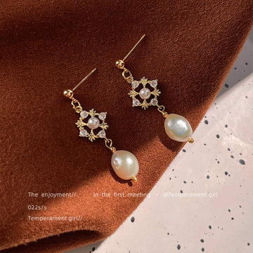 Gold Tone Clear Stone Floral Square And Irregular Pearl Drop Earrings