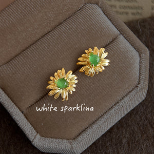 Gold Tone Green Center Daisy Flower Stud Earrings For Women