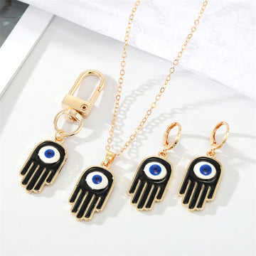 Gold Tone Black Enamel Hamsa Eye Jewelry and Keychain Options