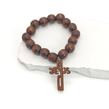 Coffee Wood Bead Stretch Bracelet Jesus Cross Charm