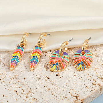 Gold Tone Multicolor Enamel Tropical Leaf Hoop Earrings in Two Shapes