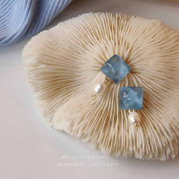 Blue Square Stone And White Pearl Drop Stud Earrings For Women