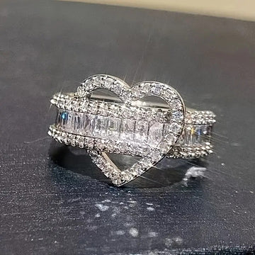 Heart Outline And Baguette Rail Wide Ring In Polished Silver Tone
