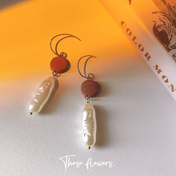 Gold Hook Earrings Terracotta Disc Baroque Stick Pearl