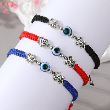 Silver Tone Turtle Blue Evil Eye Adjustable Cord Bracelets
