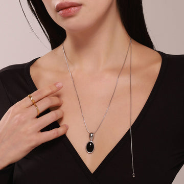 Long Adjustable 100cm Black Agate Tiger Eye Pendant Sweater Chain