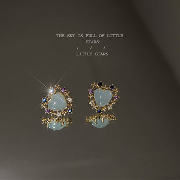 Gold Pale Aqua Heart Multicolor Crystal Halo Studs