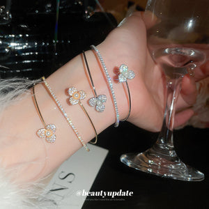 CZ Pearl Flower Multi Layer Open Bangle Cuff Silver Gold