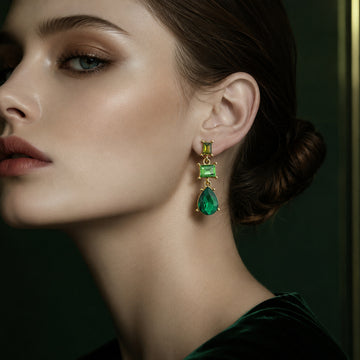 Green Square and Teardrop Gold Tone Long Stud Earrings