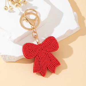 Red Beaded Bow Charm Keychain With Gold-Tone Key Ring