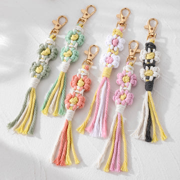 Gold Tone Woven Daisy Tassel Clip Keychains in Two Colorways