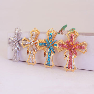 Rhinestone Cross Ribbon Keychain With Split Ring And Lobster Clasp