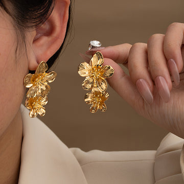 Gold Tone Double Flower Textured Long Dangle Stud Earrings