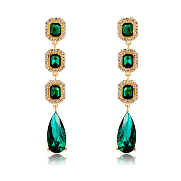 Green Gold Tone Green Emerald Column Openwork Crystal Four Designs Metal Dangle Earrings