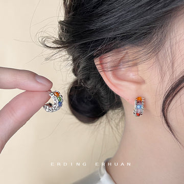 Silver Multicolor Crystal C-Shaped Huggie Earrings Twisted Band