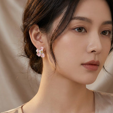 Pink Four Petal Flower Gold Tone Small Stud Earrings