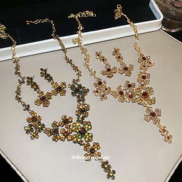 Rhinestone Flower Cluster Necklace Drop Earrings Gold Tone