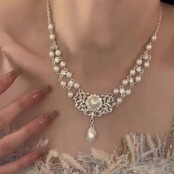 Silver Baroque Pearl Crystal Filigree Drop Necklace
