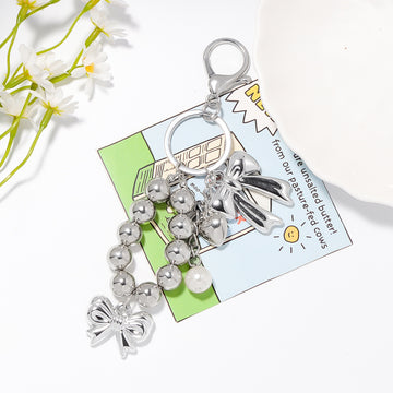 Silver Bead Loop Keychain Double Bow Pearl Heart Charms