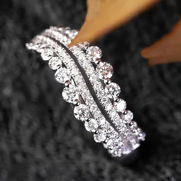 Double Row Crystal Wave Silver Tone Ring Polished Jewelry Accessory