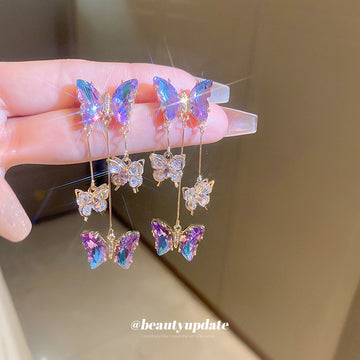 Blue Purple Crystal Butterfly Drop Earrings with Polished Metal Accents