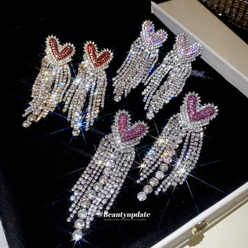 Crystal Heart Fringe Earrings in Pink Silver and Red