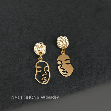 Gold Tone Open And Solid Abstract Face Asymmetric Drop Stud Earrings