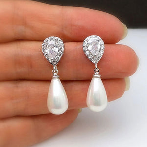Pearl-Like Teardrop And Pear Stone Drop Earrings In Silver Tone