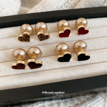 Heart And Pearl Stud Earrings In Black And Burgundy