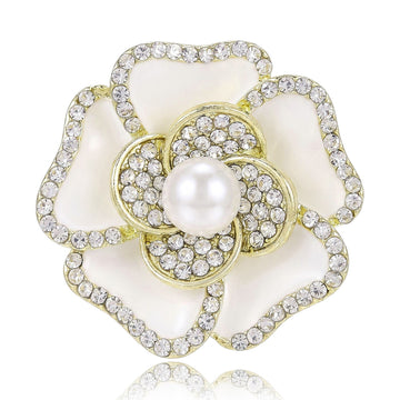 Enamel Camellia Flower Brooch Pearl Center Crystal Rim Two Colors