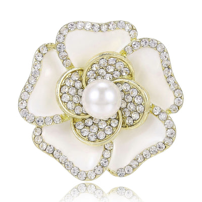 White enamel camellia brooch pearl center crystal rim front