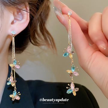 Gold Tone Colorful Crystal Butterfly Drop Earrings
