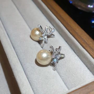 Silver-Tone Crystal Flower Pearl Stud Earrings - One Style