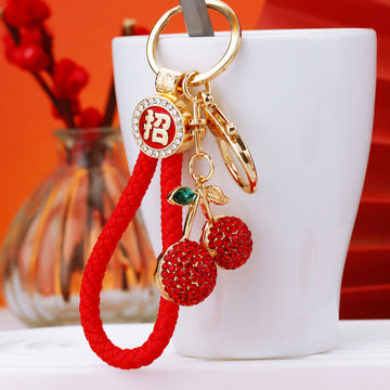 Jeweled Twin Cherry Keychains with Color-Coordinated Braided Loops