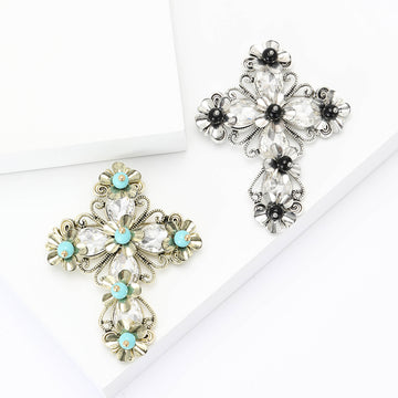 Floral Crystal Cross Brooch in Silver or Gold Tone Finish