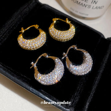 Pave Crystal Wide Hoop Earrings in Silver and Gold Tones