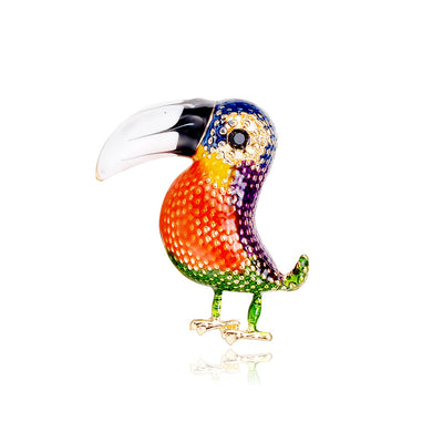 Front product view of the parrot brooch pin in gold and red