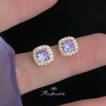 Gold-Tone Purple Zircon Cushion Halo Stud Earrings