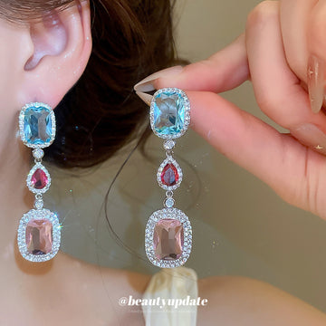 Pastel Geometric Crystal Drop Earrings in Polished Statement Design
