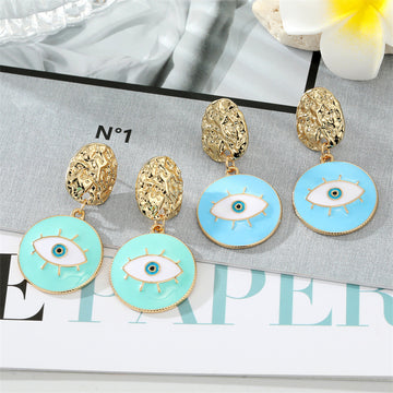 Gold Tone Textured Oval Blue Evil Eye Drop Earrings