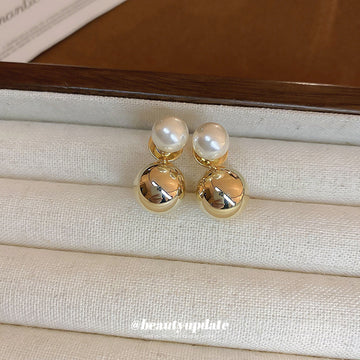 Gold Tone Ball and Pearl Double Sided Stud Earrings