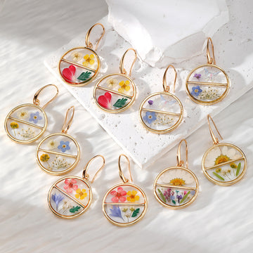 Gold Tone Divided Round Pressed Flower Resin Hook Earrings