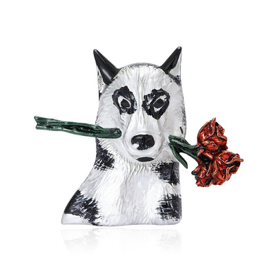 Front view of the dog holding a red rose enamel brooch in two colors brooch and its color options