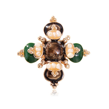 Green Gold Tone Cross Enamel Pearl Look Metal Brooch Pin